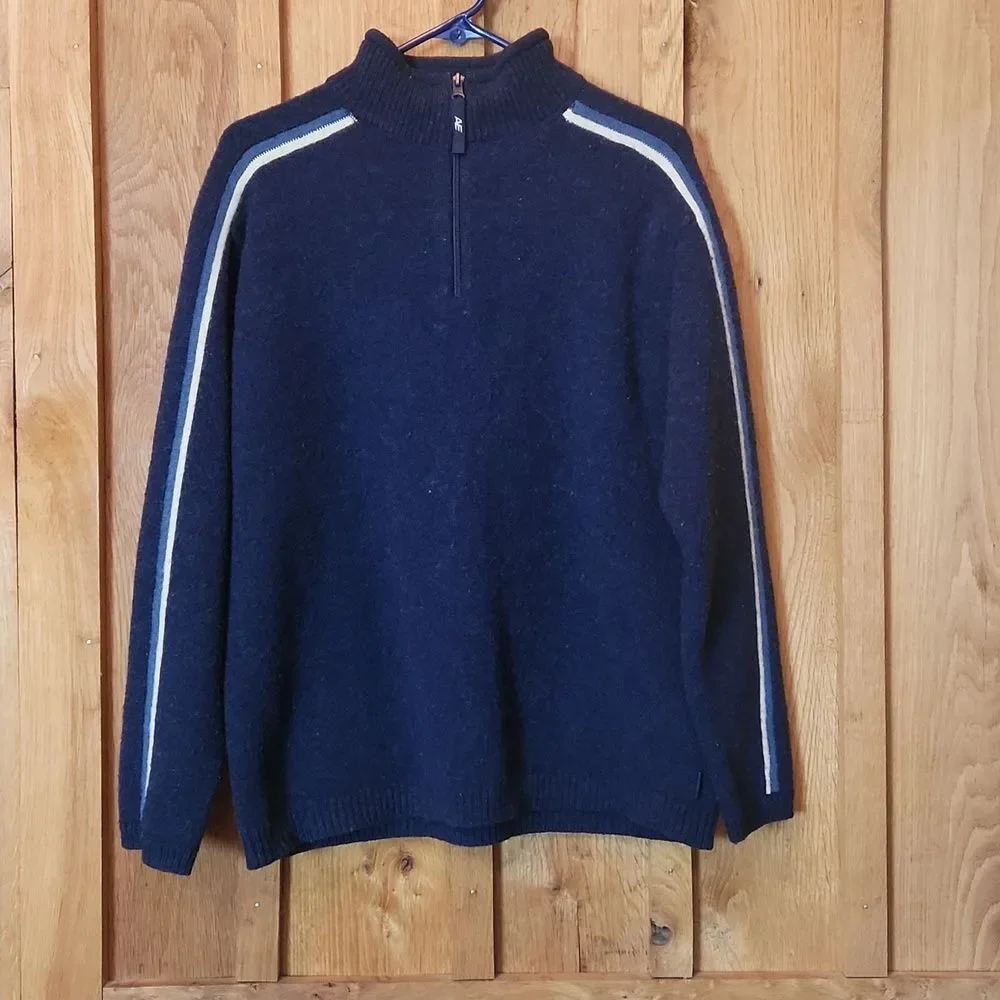 Vintage American Eagle 100% Lambs Wool Mock Meck Quarter Zip Sweater Large Blue